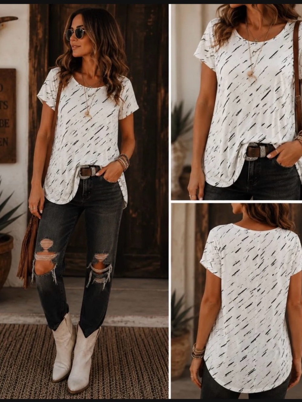Apt. 9 Essentials White Black Abstract Dash Print Short Sleeve Tunic Top